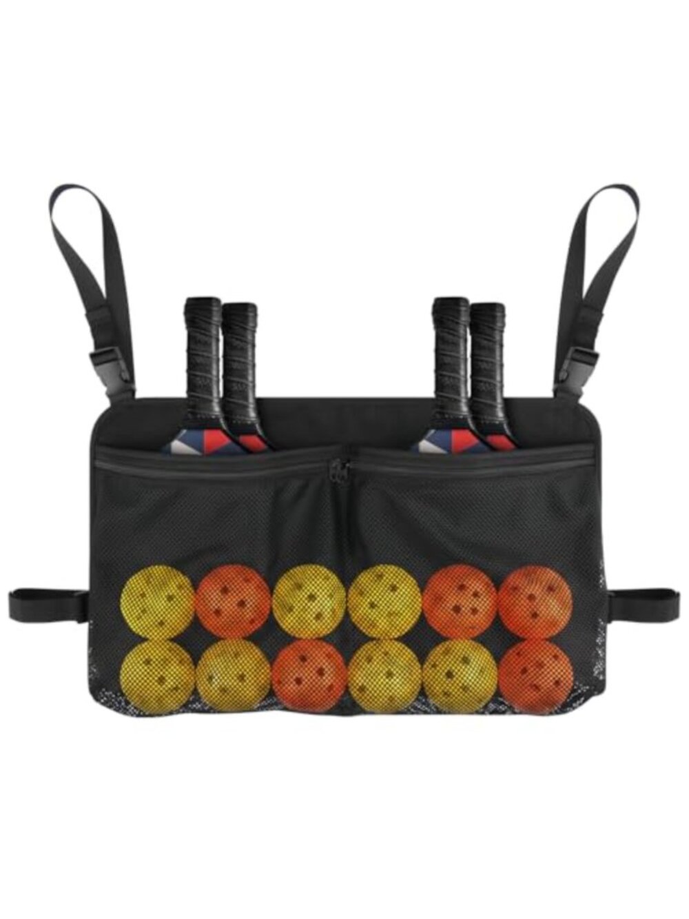 Pickleball Paddle Holder Fence Storage Bag Holds 4 Paddles 12 Balls Nylon Mesh